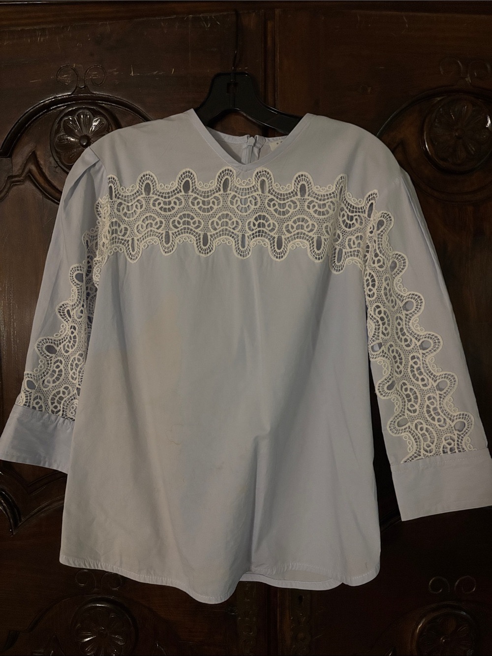 Sandro Light Blue Blouse with White Lace Trim